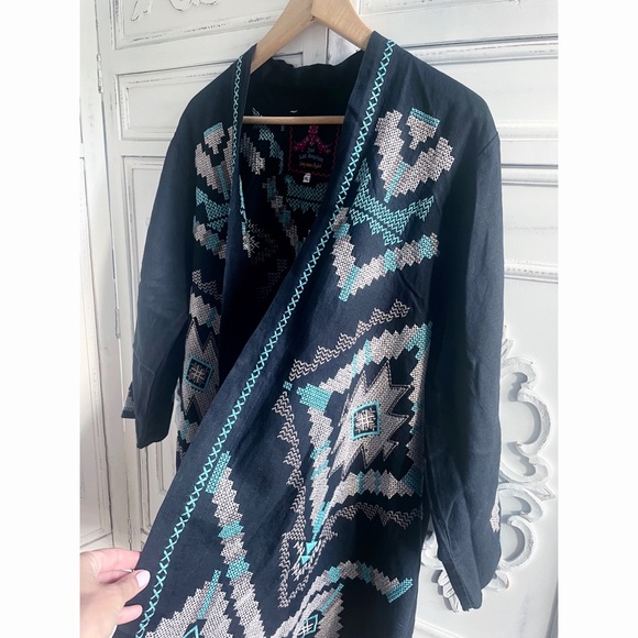 NWOT Johnny Was Linen Embroidered Aztec Kimono Black, Tan & Aqua - Picture 6 of 15